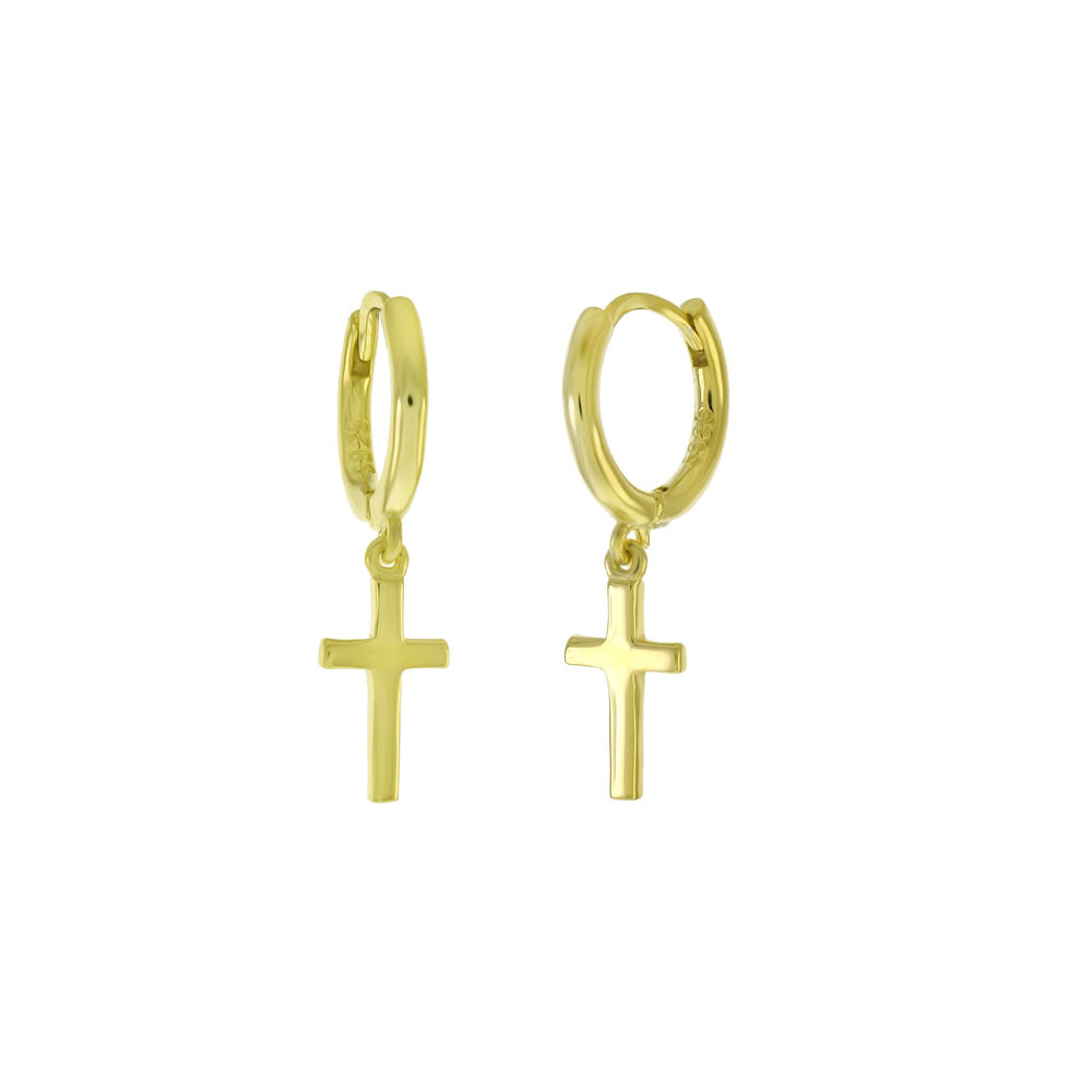 Dangle Cross Huggie Hoop Gold Plated Earrings