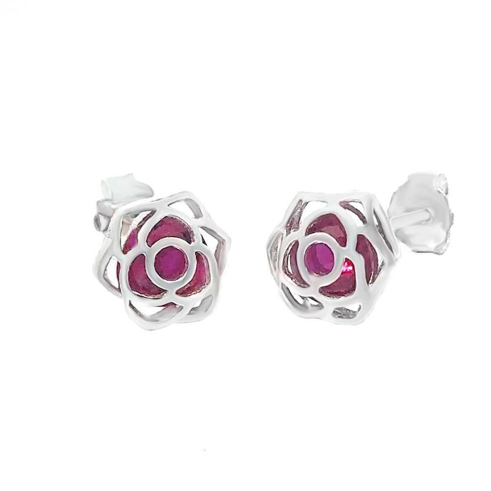 Red Ruby CZ Flower Stud Earrings