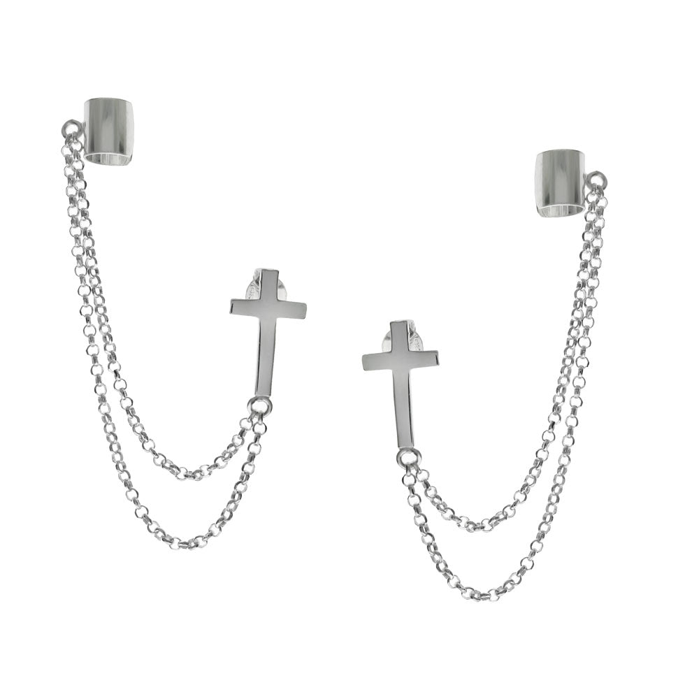Italian Sterling Silver Cross Earrings Double Rolo Chain W Ear Cuff