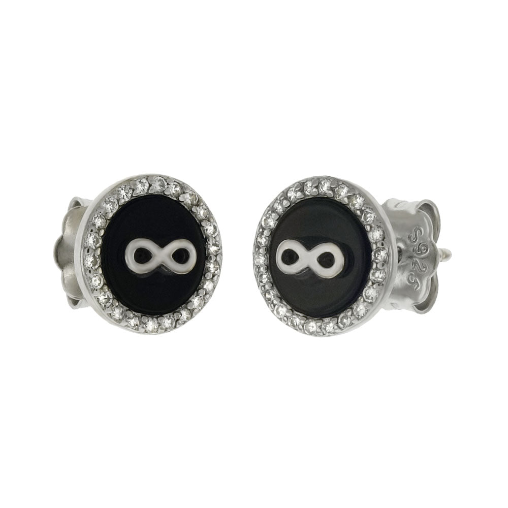 Sterling Silver Rhodium infinity On Black Onyx W CZ Stud Earrings