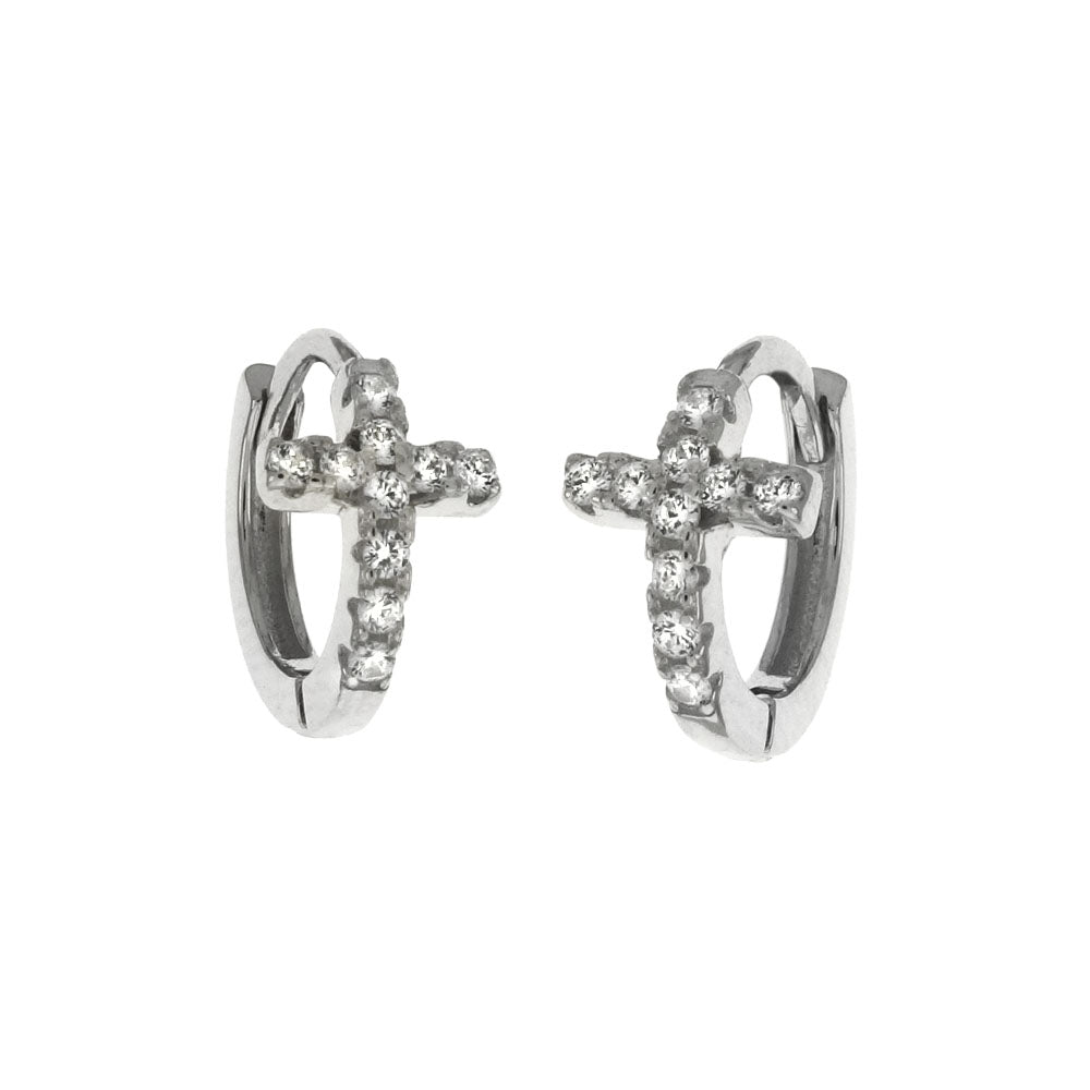 Sterling Silver CZ Cross Huggie Hoop Earrings