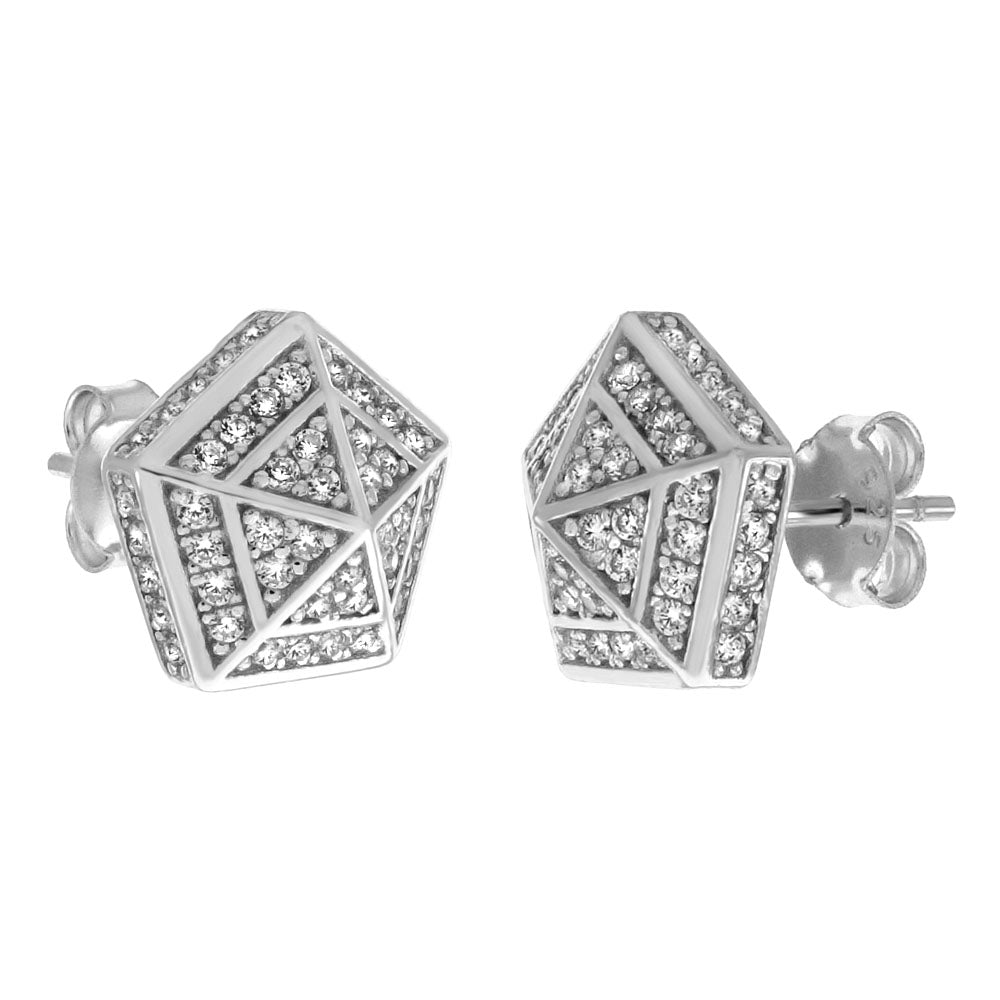 Micro Pave CZ Pentagons Sterling Silver Rhodium Stud Earrings