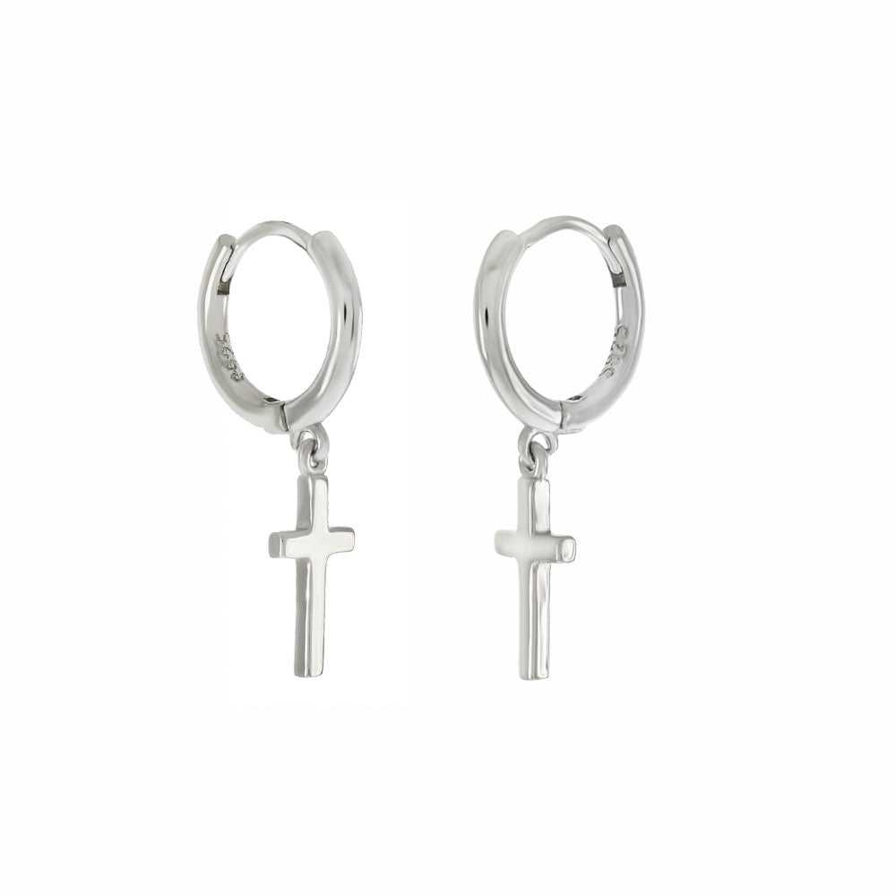 Sterling Silver Dangle Cross Huggie Hoop Earrings