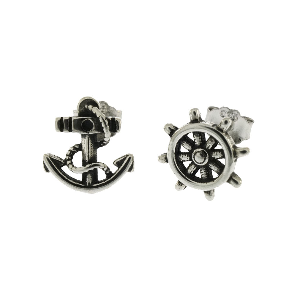 Sterling Silver Anchor Ship Wheel Nautical Mismatch Oxidized Stud Earrings