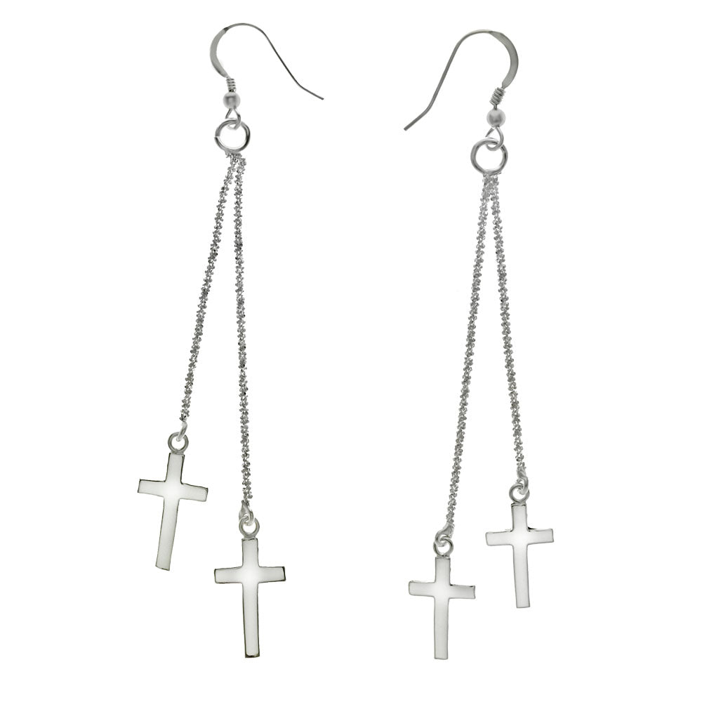 Sterling Silver Double Cross Dangle Earrings