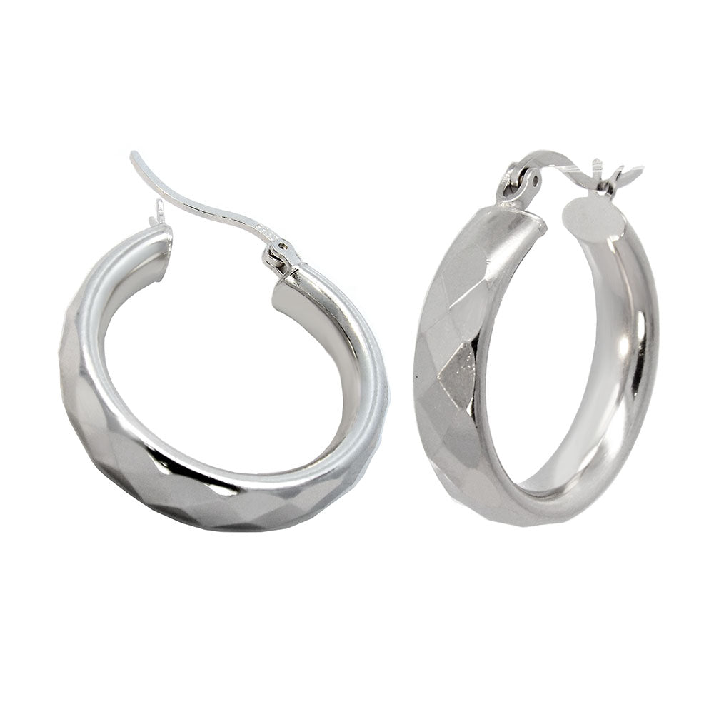 .925 Sterling Silver Diamond Cut Rhodium Hoop Earrings