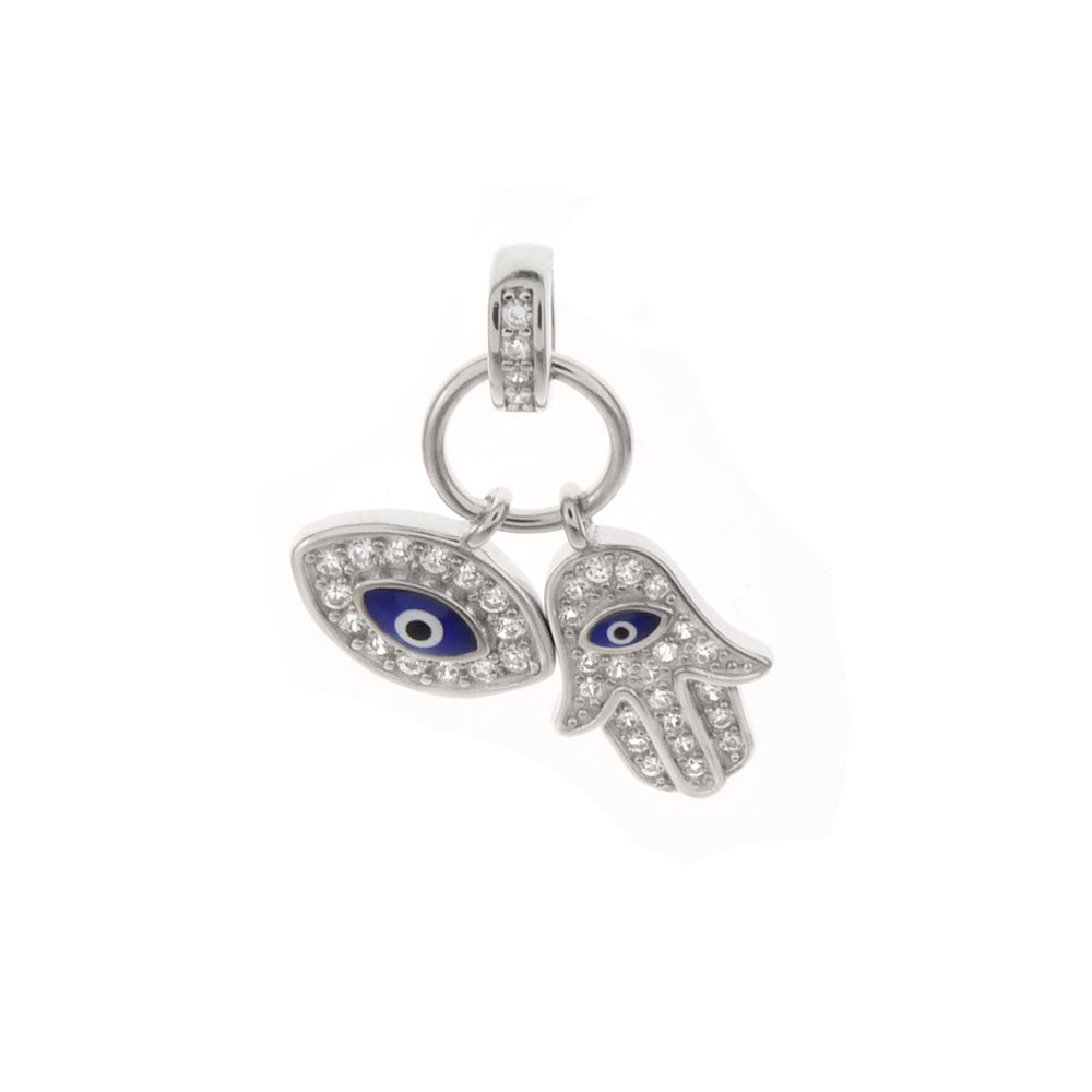 Evil Eye & Hamsa Hand CZ Rhodium Charm Pendant