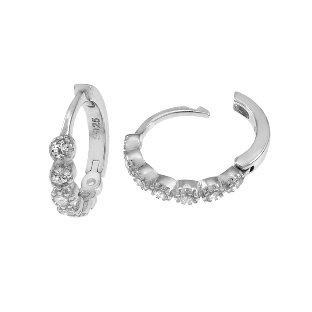 .925 Sterling Silver CZ Rhodium Huggie Hoop Earrings