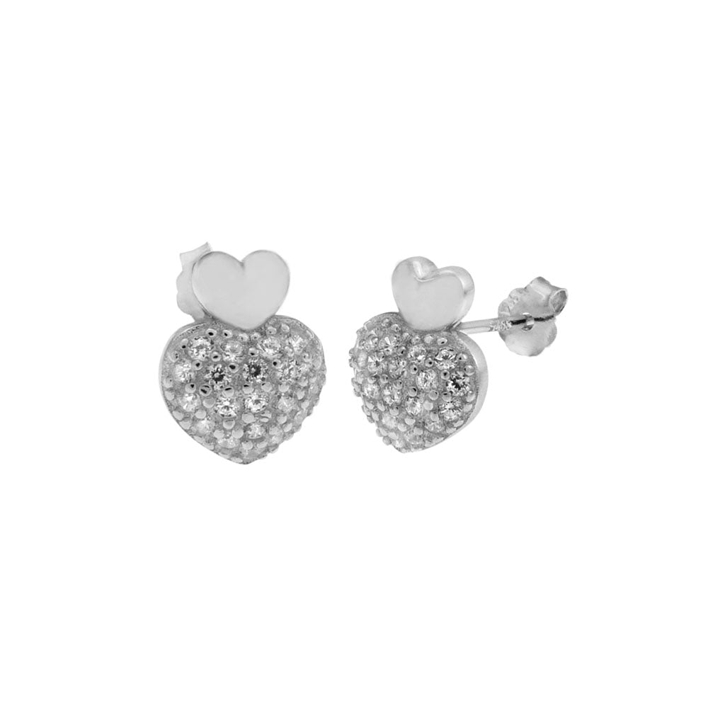 Pave CZ Heart Sterling Silver Rhodium Stud Earrings