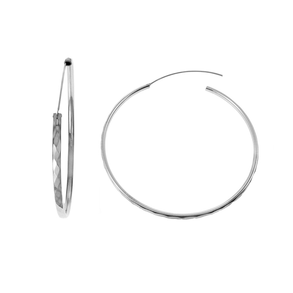 .925 Sterling Silver Rhodium Diamond Cut Hoop Earrings