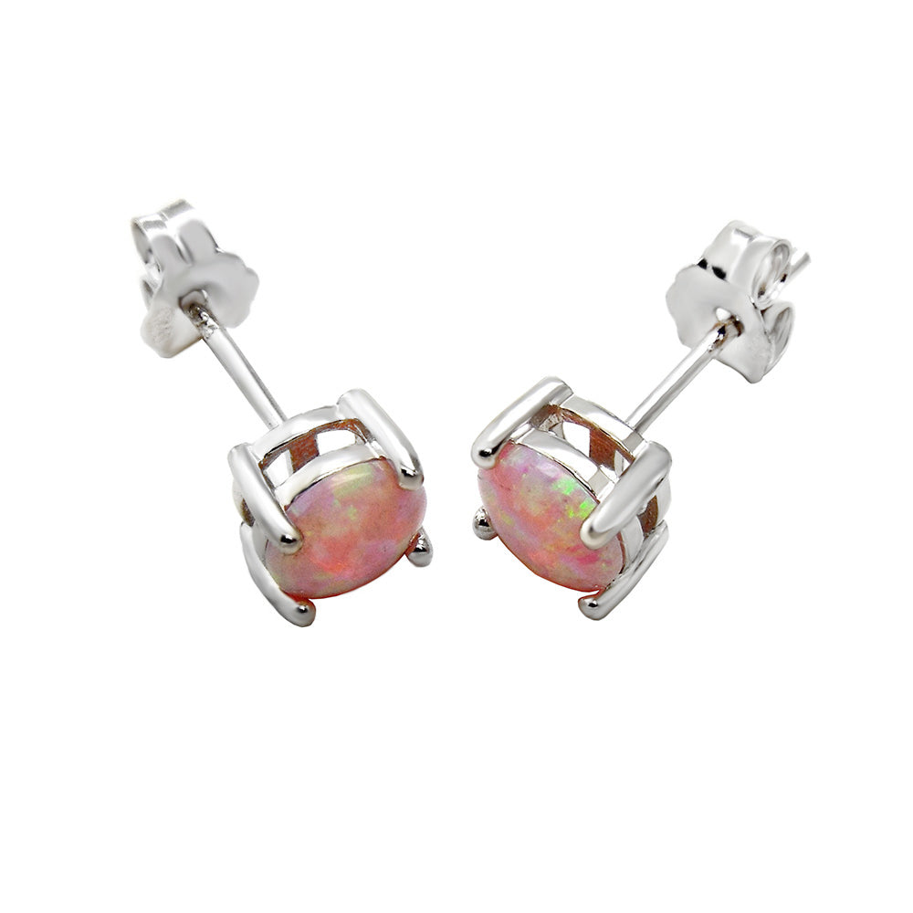 6mm Pink Lab Opal Rhodium Stud Earrings