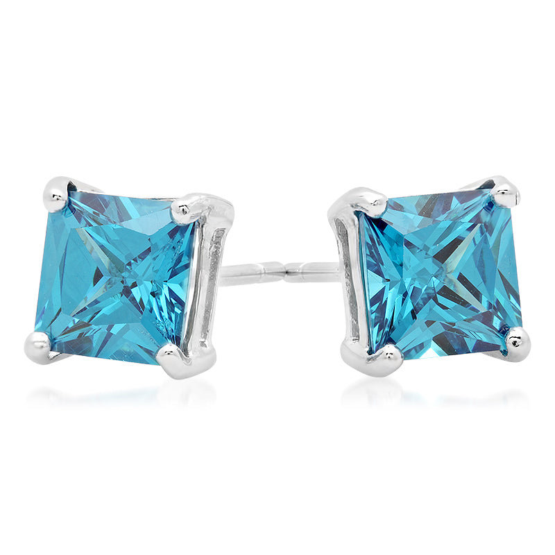 Sterling Silver Square CZ Blue Topaz Casting Stud Earrings