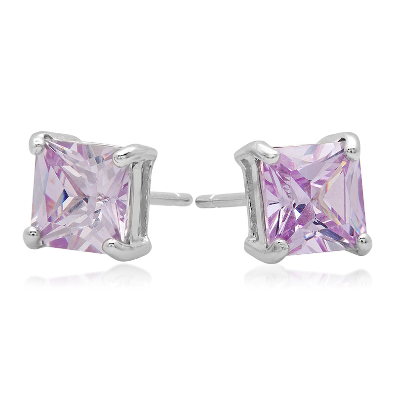 Sterling Silver Square CZ Lavender Casting Stud Earrings