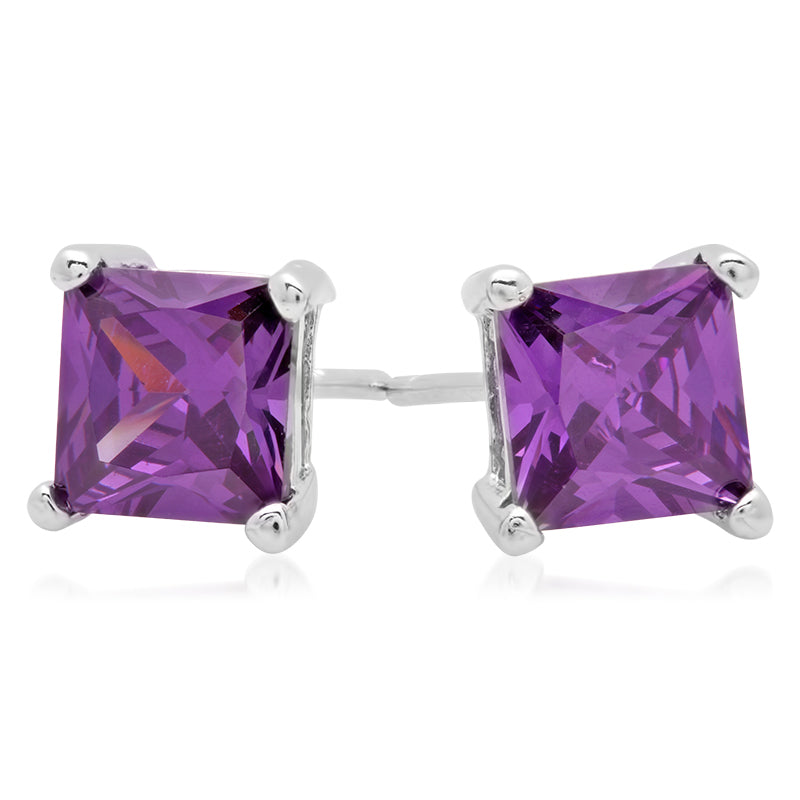 Sterling Silver Square CZ Amethyst Casting Stud Earrings
