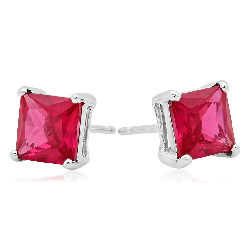 Sterling Silver Square CZ Ruby Casting Stud Earrings