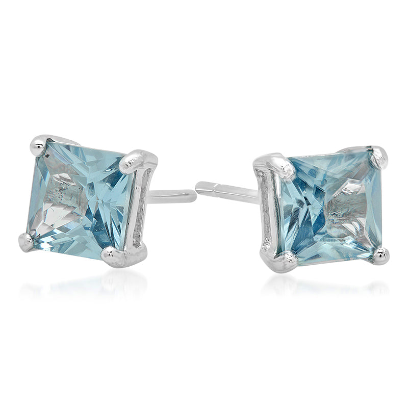 Sterling Silver Square CZ Aquamarine Casting Stud Earrings