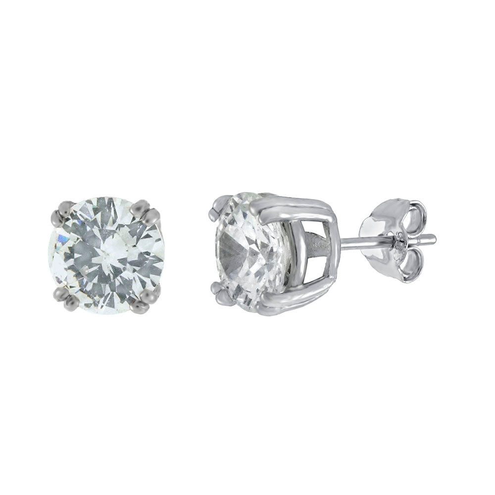 Sterling Silver Round CZ W 4 Double Prongs Rhodium Stud Earrings