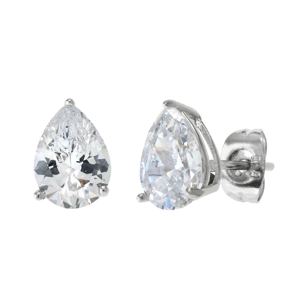 Sterling Silver Cubic Zirconia Pear Shape Rhodium Stud Earrings