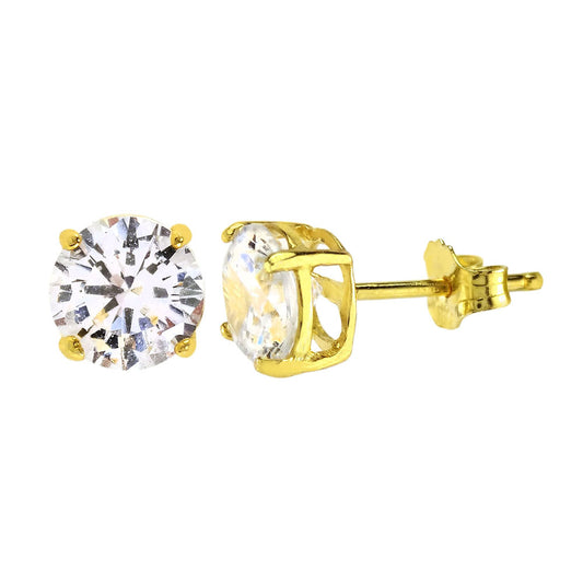 Sterling Silver Round CZ 14K Gold Plated Casting Stud Earrings