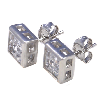 Sterling Silver Square CZ Invisible Cut Bezel Setting Stud Earrings