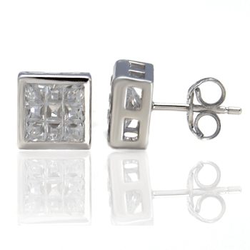 Sterling Silver Square CZ Invisible Cut Bezel Setting Stud Earrings