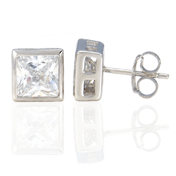 Sterling Silver Square CZ Bezel Setting Stud Earrings