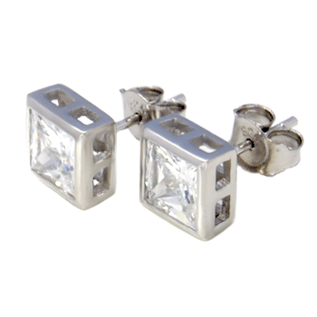 Sterling Silver Square CZ Bezel Setting Stud Earrings