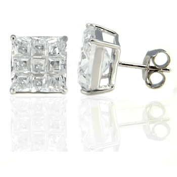 Sterling Silver CZ Square Invisible Cut Prong Setting Stud Earrings