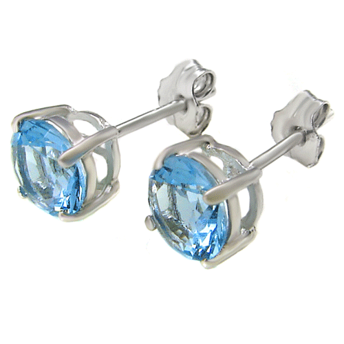 Sterling Silver Round CZ Aquamarine Casting Stud Earrings