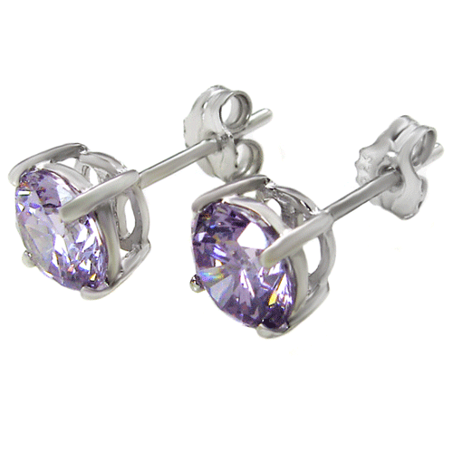 Sterling Silver Cubic Zirconia Lavender Round Cast Stud Earrings