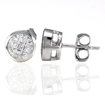 Sterling Silver Round CZ Invisible Cut Bezel Setting Stud Earrings