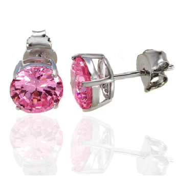 Sterling Silver Cubic Zirconia Pink Round Cast Stud Earrings