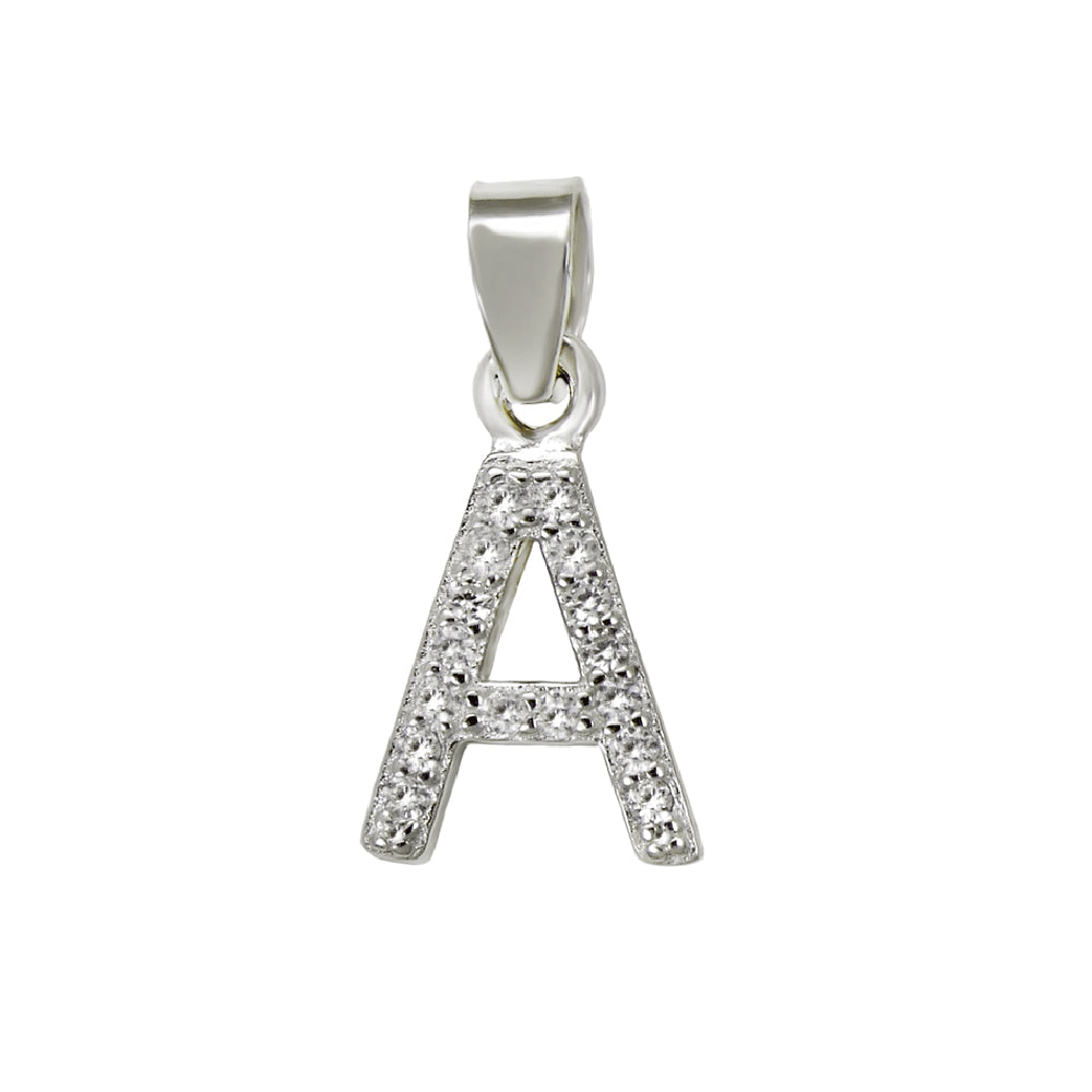 Sterling Silver Small  Initial {A} CZ Pendant Rhodium