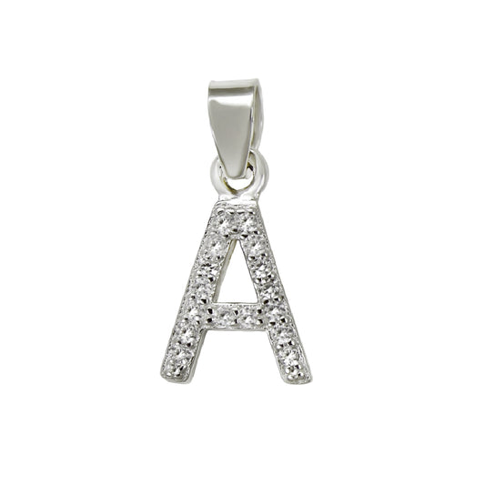 Sterling Silver Small  Initial {A} CZ Pendant Rhodium