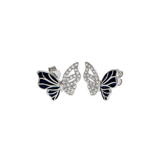 Pave CZ Enamel Butterfly Sterling Silver Stud Earrings