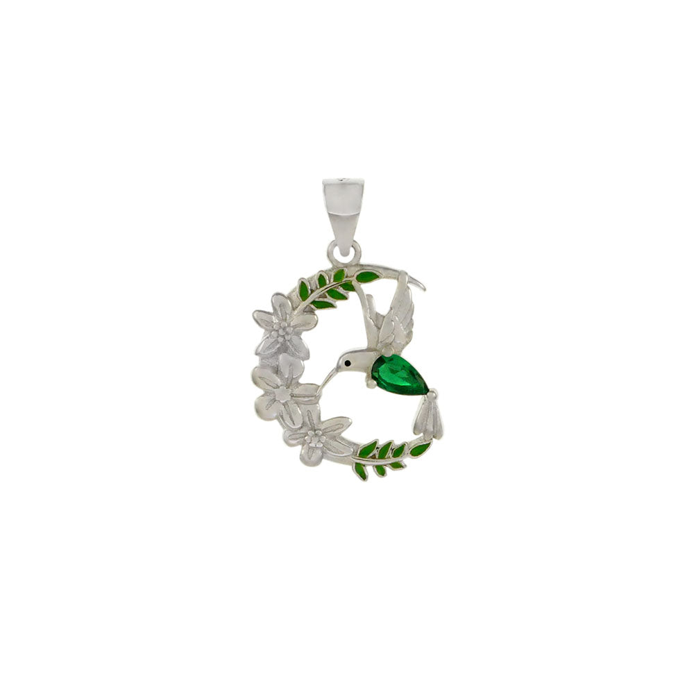 Green CZ Hummingbird Sterling Silver Rhodium Pendant