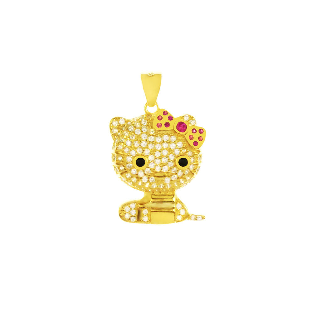 Pave CZ Kitty Cat Sterling Silver Gold Plated Pendant