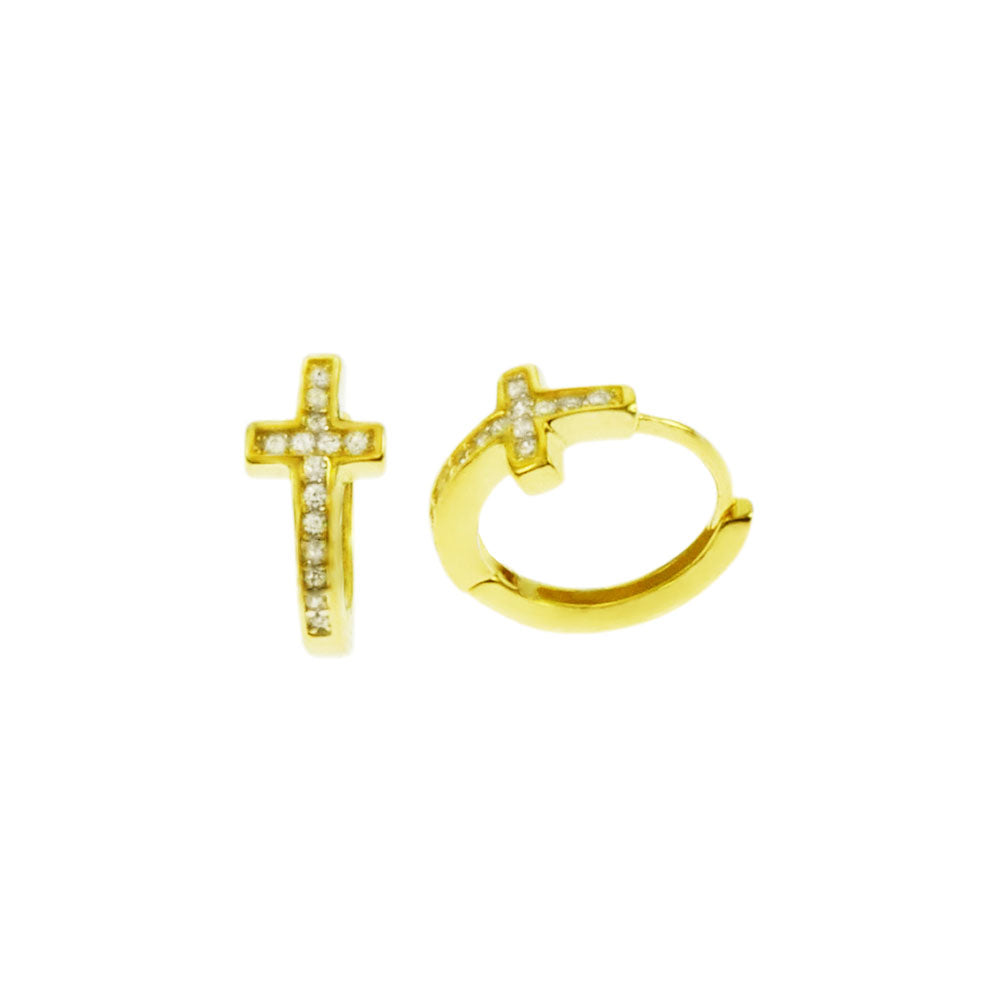 CZ Cross Rhodium Huggie Hoop Earrings
