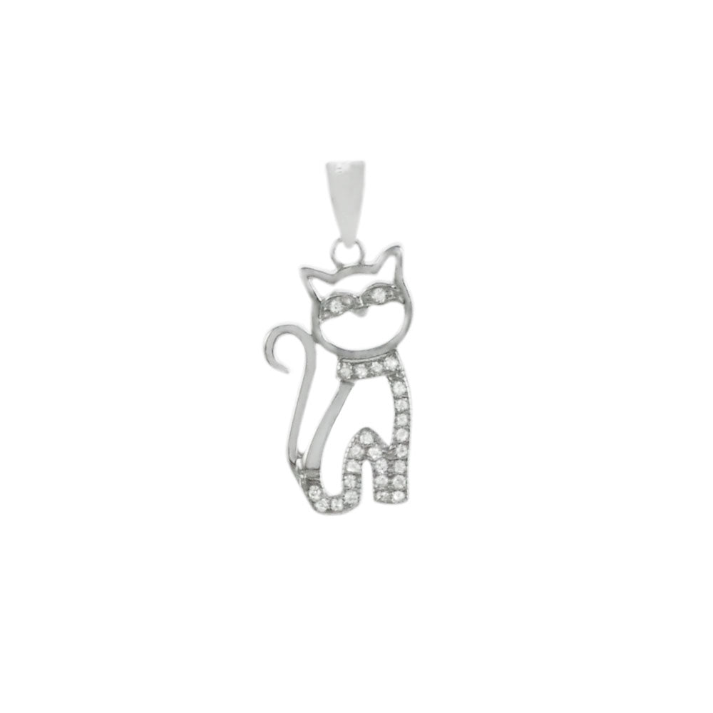CZ Cat Sterling Silver Rhodium Pendant
