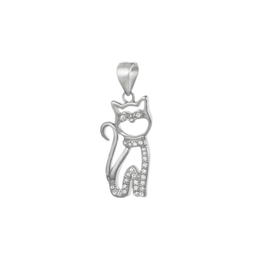 CZ Cat Sterling Silver Rhodium Pendant