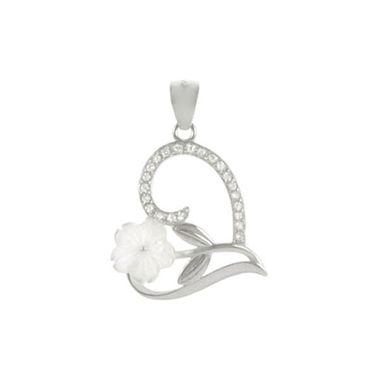 Mother of Pearl Flower - CZ Heart Rhodium Pendant