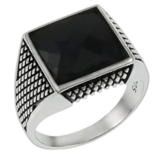 Sterling Silver Square Cushion-Cut Faceted Black Onyx Ring