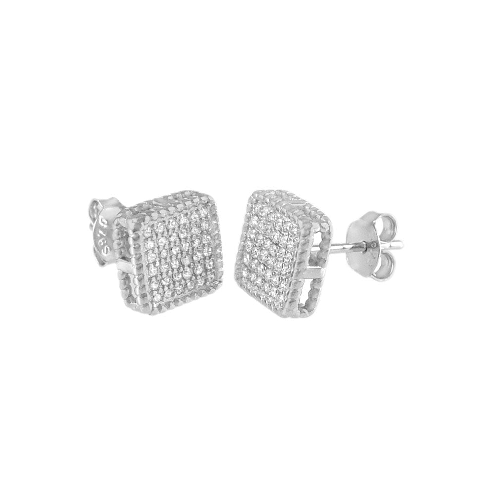 Micro Pave CZ Square Silver Rhodium Stud Earrings