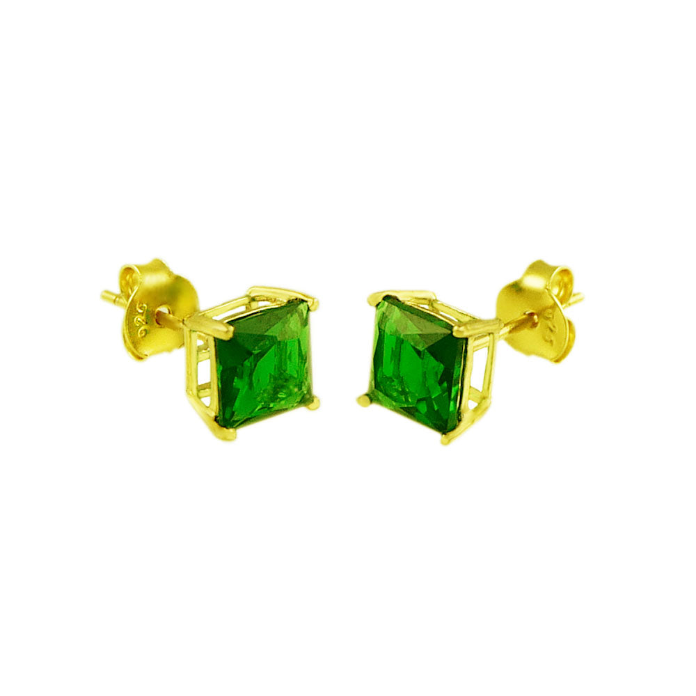 Sterling Silver Square CZ Emerald Gold Plated Stud Earrings