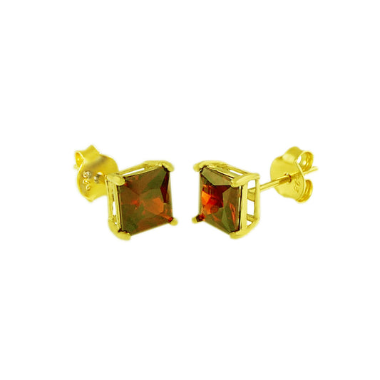 Sterling Silver Square CZ Garnet Casting Gold Plated Stud Earrings