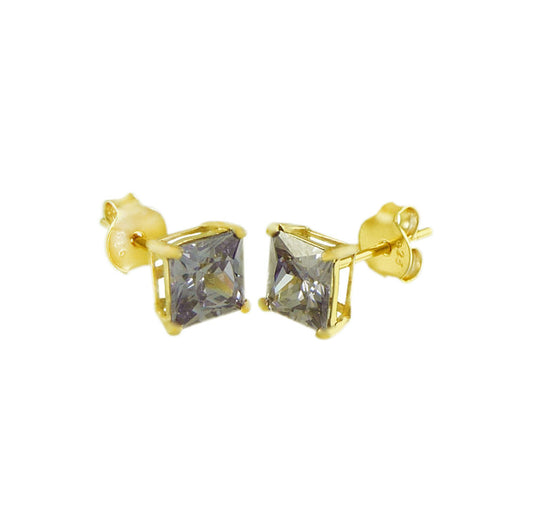 Sterling Silver Square CZ Amethyst Casting Gold Plated Stud Earrings