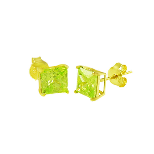 Sterling Silver Square CZ Peridot Casting Gold Plated Stud Earrings