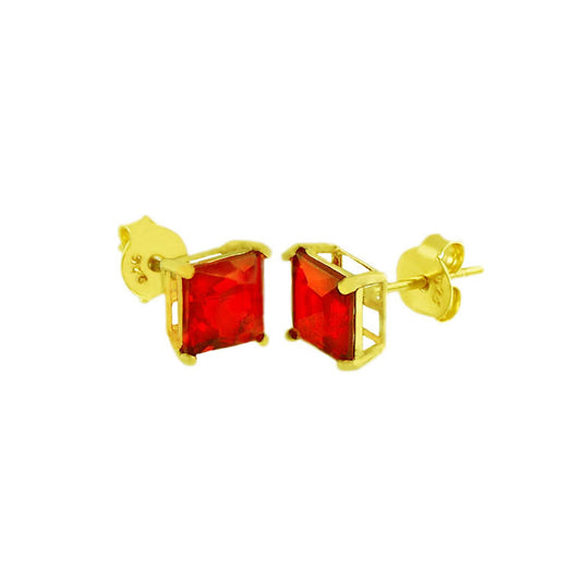 Sterling Silver Square CZ Ruby Casting Gold Plated Stud Earrings