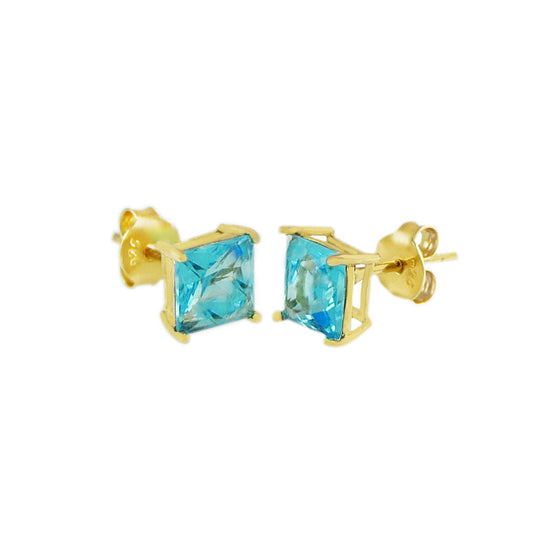 Sterling Silver Square CZ Blue Topaz Casting Gold Plated Stud Earrings