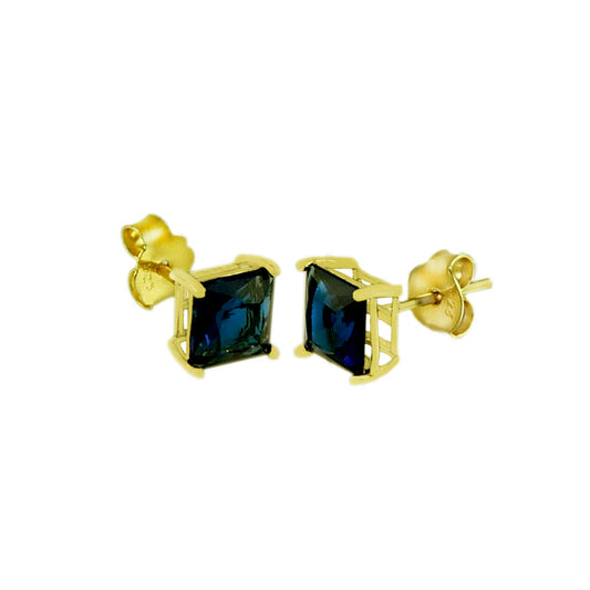Sterling Silver Square CZ Sapphire Casting Gold Plated Stud Earrings